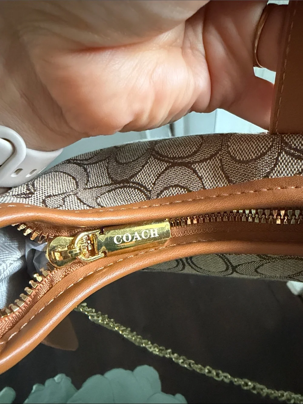 Coach Tan/Brown Signature Jacquard Shoulder Bag with Gold Hardware